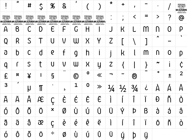 Kandira PERSONAL Regular  glyph index
