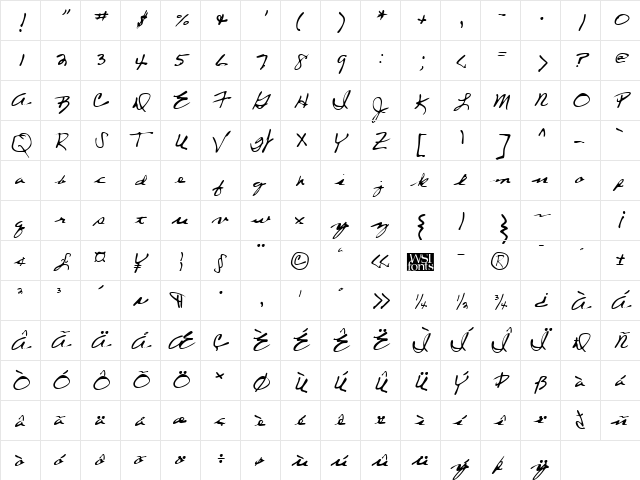 CherylsHand Regular  glyph index