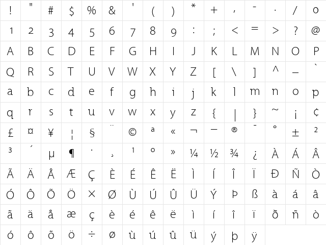 Grandesign Light Normal  glyph index