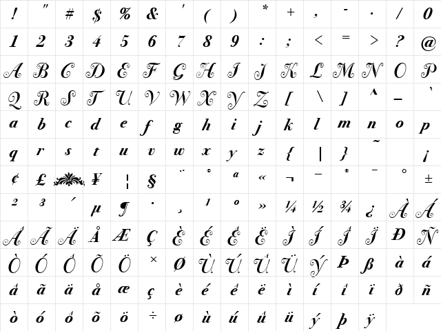 Bodoni SvtyTwoSwa ITC TT BoldIt  glyph index