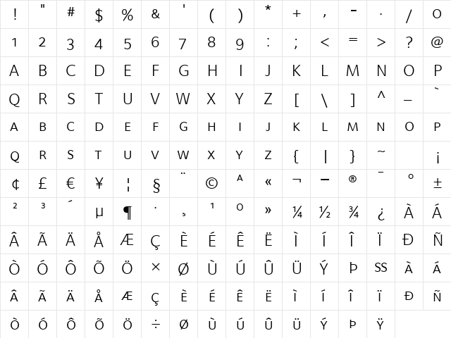 FoundrySterling-BookExpert Regular  glyph index