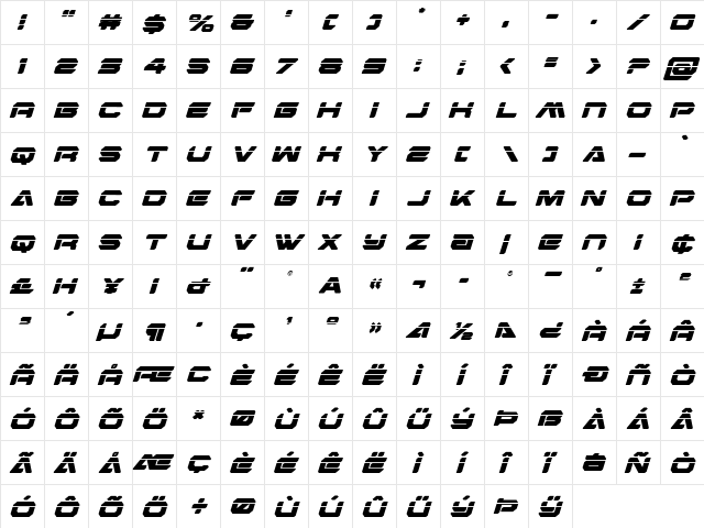 Hyper Viper Laser Italic Italic  glyph index