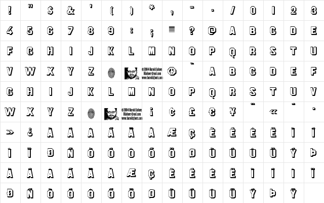 Jim DandyHollow Regular  glyph index
