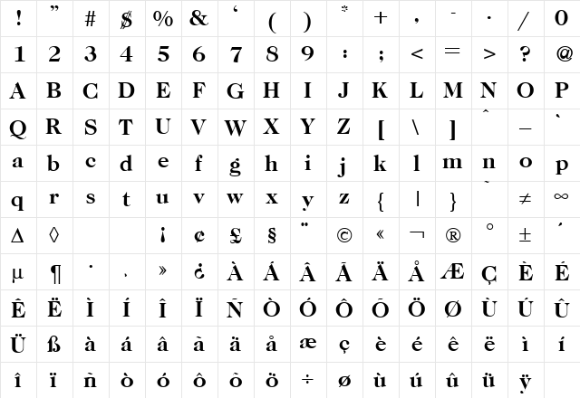 Caslon335 Bold  glyph index