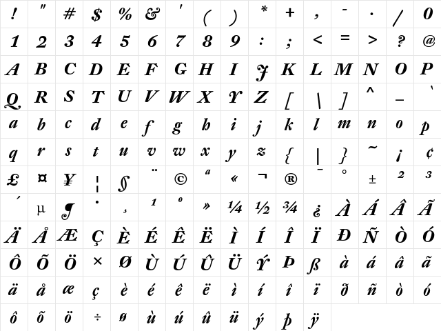 DTL Fleischmann Display Bold Italic  glyph index