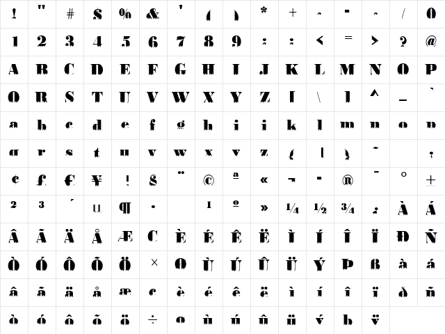 BodoniSkyline Regular  glyph index