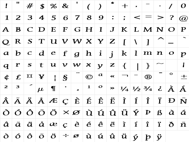 Mirror Wide Bold  glyph index