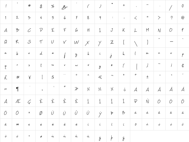 Historia Regular  glyph index