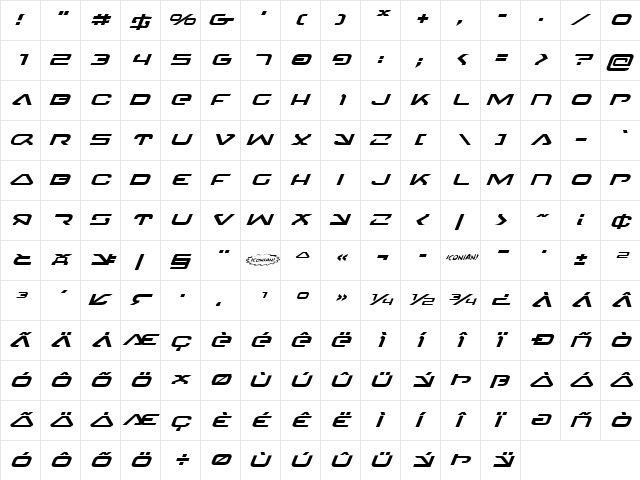 4114 Blaster Expanded Italic Expanded Italic  glyph index