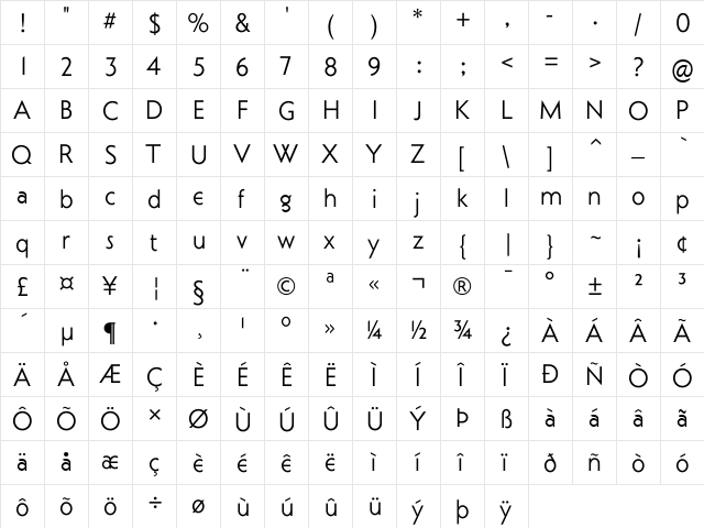 Curwen Sans Regular  glyph index