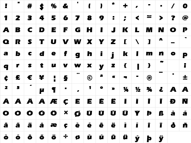 Ennis-Poster-Ultra Regular  glyph index