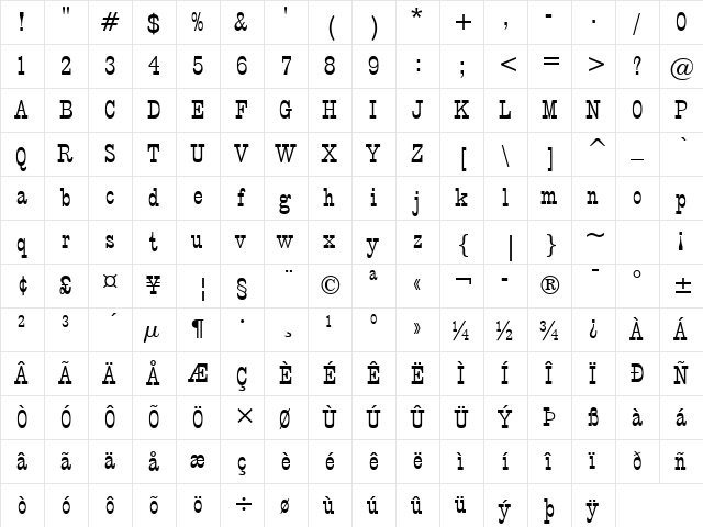 PTBarnum BT Regular  glyph index