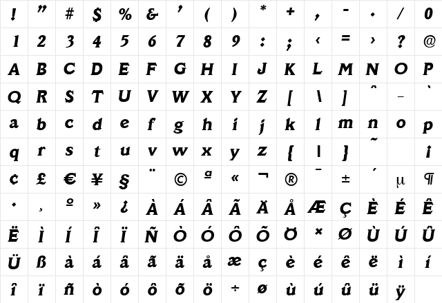 VeracruzSerial-Xbold Italic  glyph index