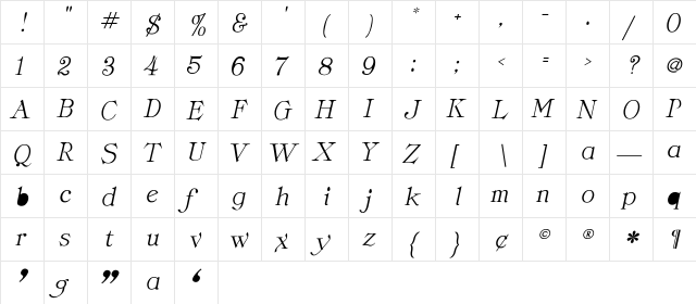 Classica-Italic Regular  glyph index