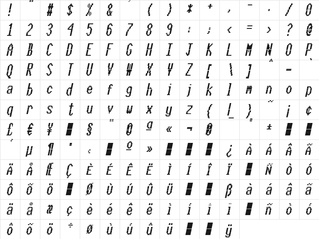 CallFourL-Italic Regular  glyph index