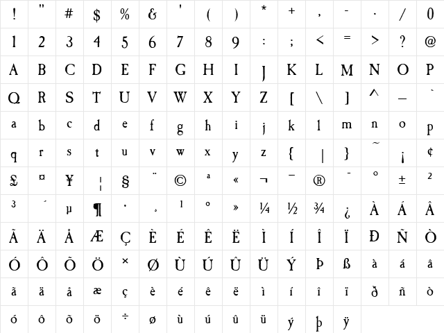 Caslon Antique T Regular  glyph index