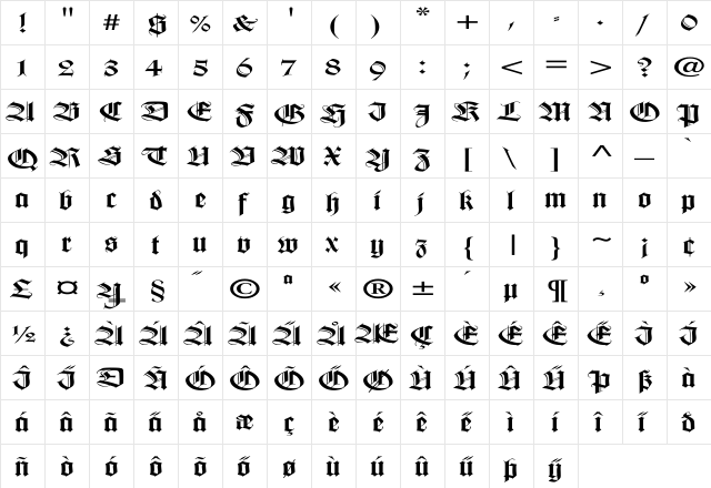 WilhelmKlingsporGotisch Ex Regular  glyph index