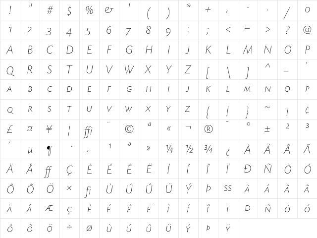 TodaySB-CapExtLigIta Regular  glyph index