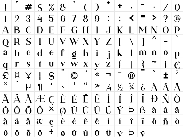 Killega Regular  glyph index