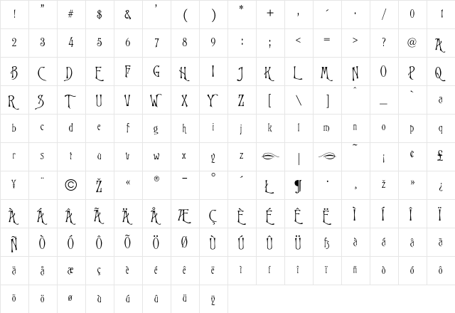 Glorietta Regular  glyph index