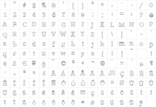 AccoladeOutline Regular  glyph index