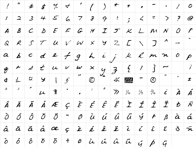 EddiesHand Regular  glyph index