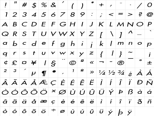 Fusi Extended Italic  glyph index