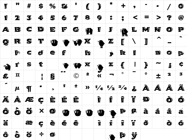 Hornpype ITC Regular  glyph index