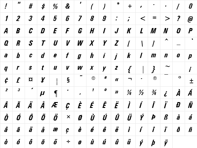 Univers Condensed Bold Italic  glyph index