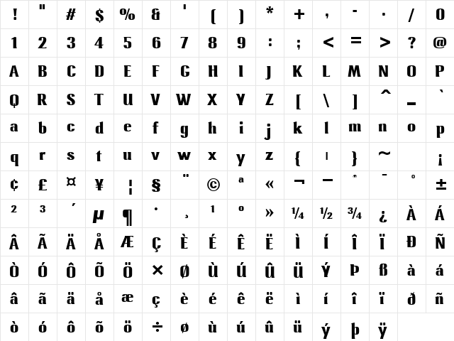 LennoxITC TT Bold  glyph index