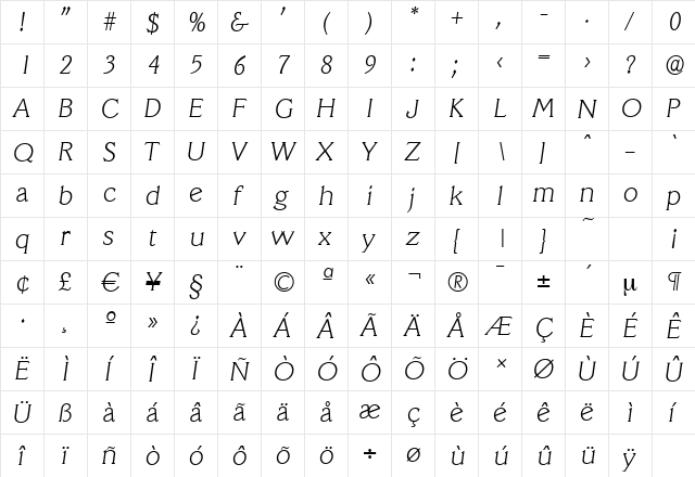 VeracruzSerial-Xlight Italic  glyph index