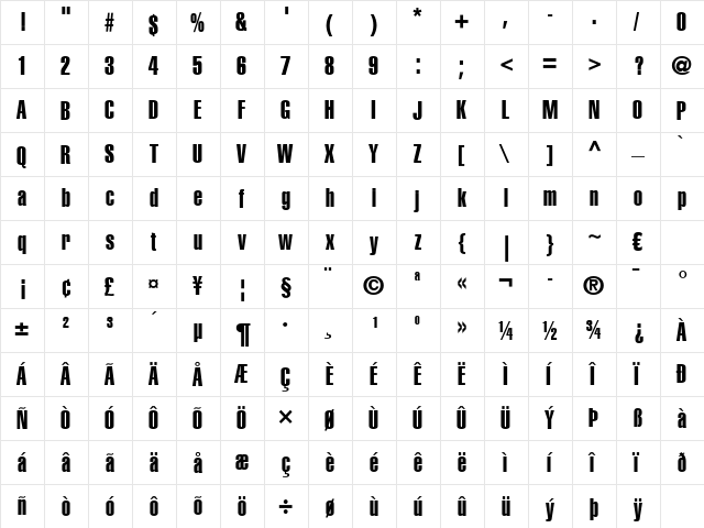 Helvetica LT ExtraCompressed Regular  glyph index
