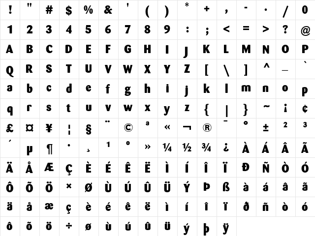 Barmeno Extra Bold  glyph index