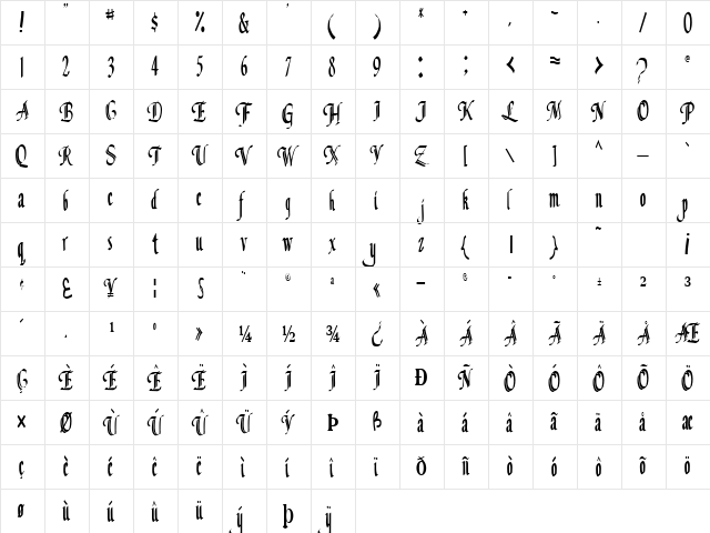 Classic Regular  glyph index