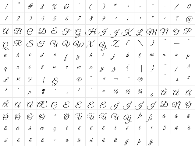 Great Vibes Regular  glyph index