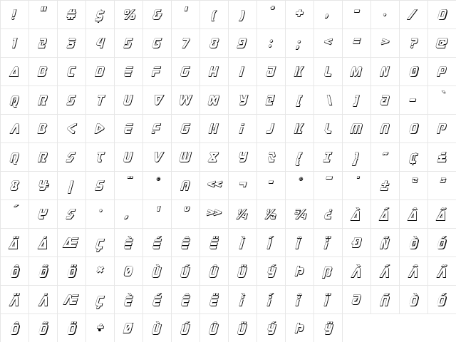 Judge 3D Italic Italic  glyph index