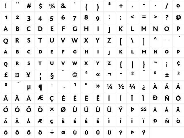 BlissCaps Regular  glyph index