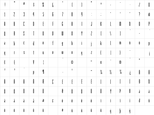ModulaTall Regular  glyph index