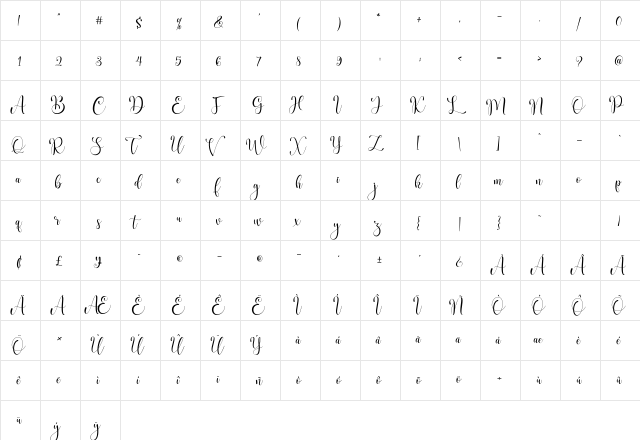 Bigola Regular  glyph index