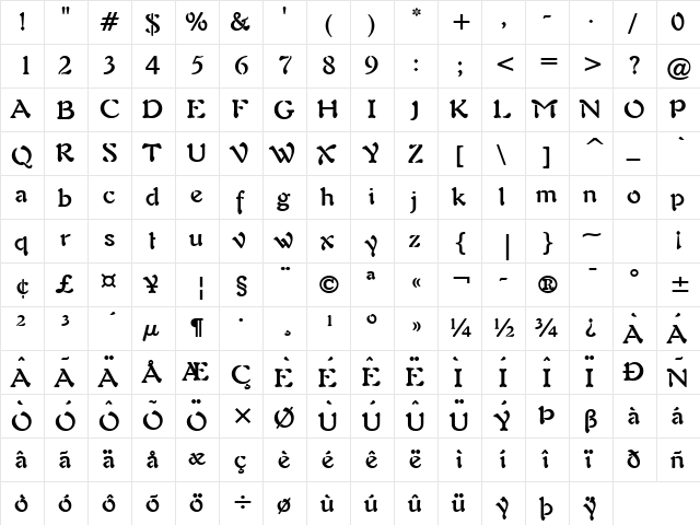 Freedom 9 Bold  glyph index