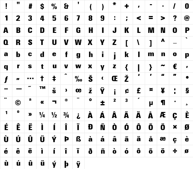 LTUnivers 920 CondXBlack  glyph index