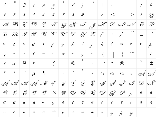 Shelley Regular  glyph index