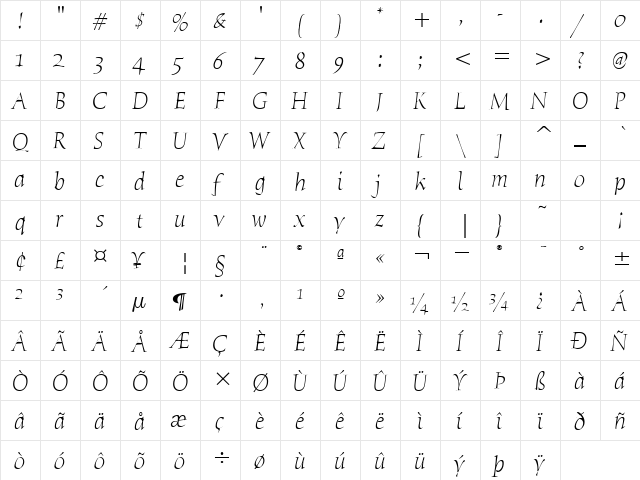 Humana Serif ITC TT LightItalic  glyph index