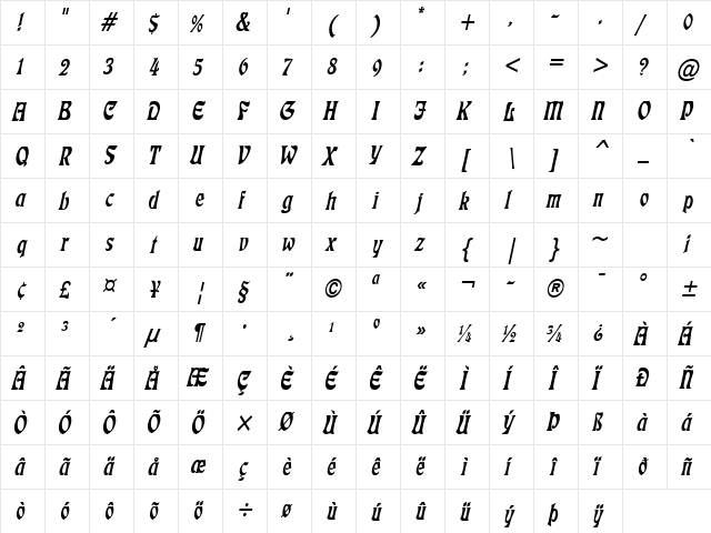 Freedom Condensed Italic  glyph index