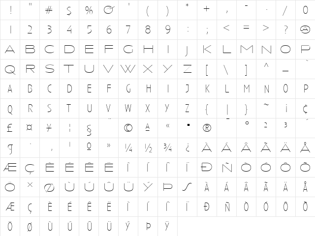 Anisette Thin Regular  glyph index