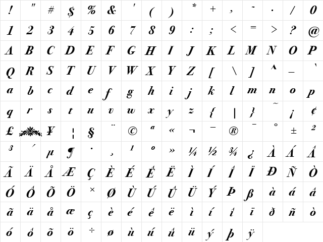 Bodoni Seventytwo ITC Regular  glyph index