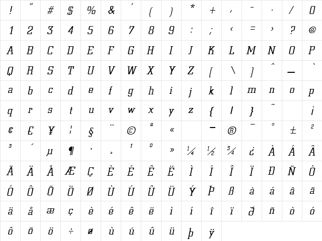 GE Civilized Italic  glyph index
