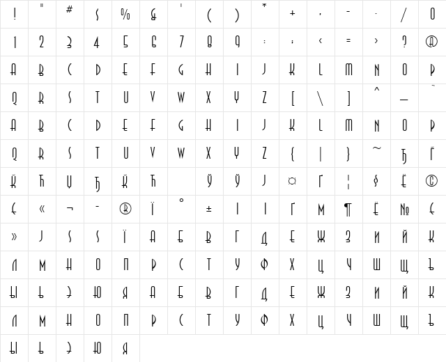 AnnaLightCTT Regular  glyph index
