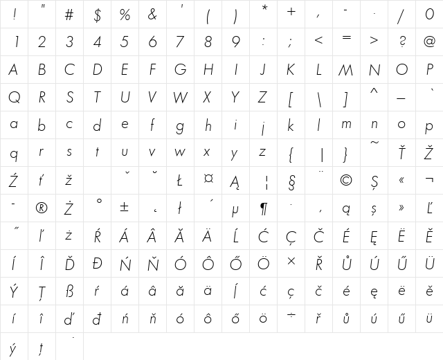 FuturaTEELig Italic  glyph index