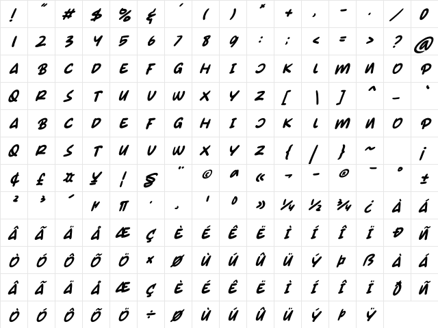 Gumy Monster Italic Regular  glyph index